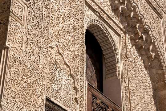 Traditional oriental facade at the courtyard of madrasa Bou Inaniya in the medina of Fes