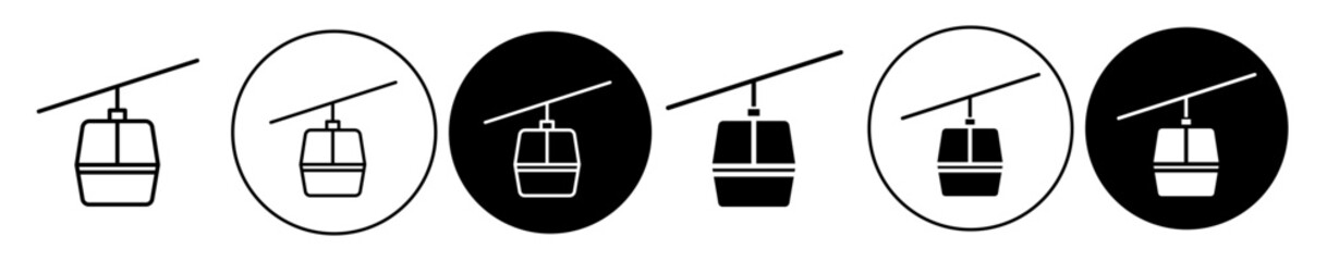 Cable car icon set. ski funicular vector symbol. mountain ropeway cablecar sign in black filled and outlined style. 