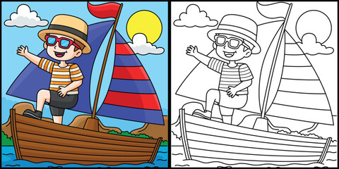 Boy on the Boat Summer Coloring Page Illustration