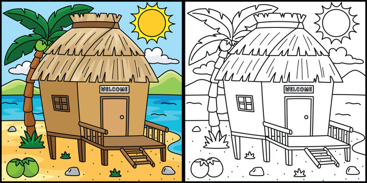 Nipa Hut Summer Coloring Page Colored Illustration