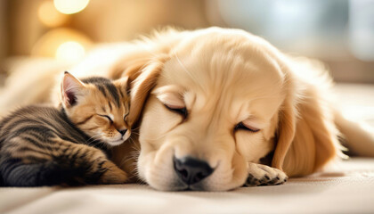 Golden retriever dog sleeping cuddling napping with kitten.