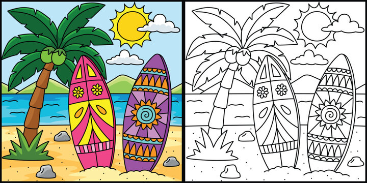 Surfboard Summer Coloring Page Illustration