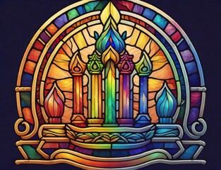 Graphic illustration presenting a Hanukkah menorah emblem with colored stained glass, ideal for Jewish holiday Hanukkah greeting cards. Created with generative AI tools