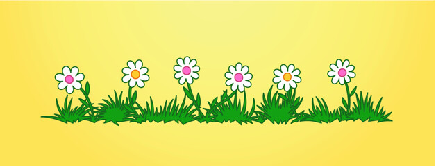 Cute floral banner with different bright camomile flowers. Rich flowery meadow. Groovy cartoons design elements for decoration. Vector template