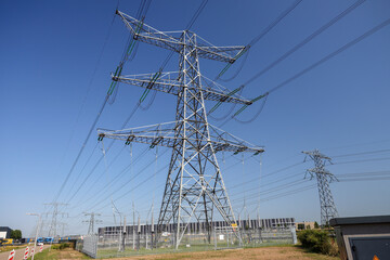 High voltage powerlines of Tennet at powerstation Hessenweg in Zwolle