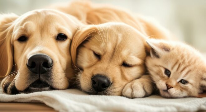 Golden retriever dog  and puppy sleeping cuddling napping with kitten.