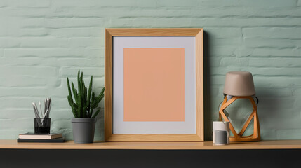 Vertical picture frame mock up hanging on pastel painted wall