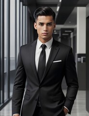 A young American business  man in a sharp black ensemble, standing tall in a modern office lobby. 