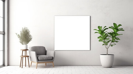 White living room interior with seat and commode with canvas mockup decoration. One copy space canvas frame