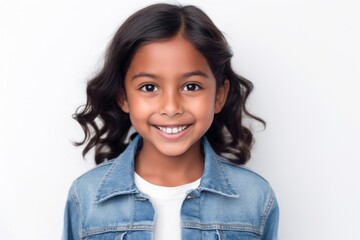 Portrait of a cute little girl smiling at the camera on white background