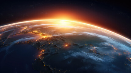 Fototapeta na wymiar Highly detailed planet earth with sunrise. Global network. 3d illustration (ai generated)