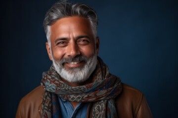 Medium shot portrait of an Indian man in his 50s against an abstract background wearing a foulard