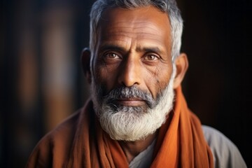 Medium shot portrait of an Indian man in his 50s against an abstract background wearing hijab