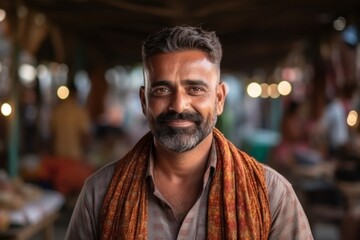 Medium shot portrait of an Indian man in his 40s in his 40s wearing a chic cardigan in an indian market or bazaar , - obrazy, fototapety, plakaty