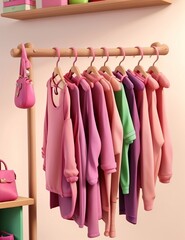 Fuchsia pink clothes in the coat rack. Femininity and feminist. Protection of women, fight women. Powers to women and freedom. AI generative.