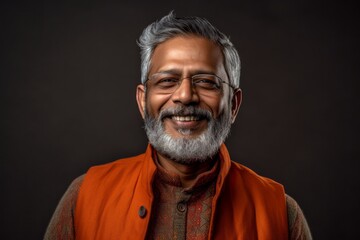 Obraz premium Portrait of a handsome Indian man with beard and mustache wearing orange suit