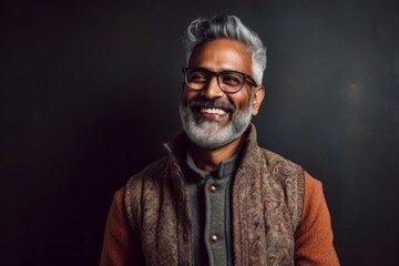Fototapeta premium portrait of smiling indian man with eyeglasses on black background