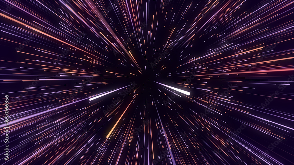Leinwandbilder Abstract blue hyper jump. Digital hyperspace with flow of bright particles. Beams motion in galaxy. Big stars explosion. Space glowing tunnel moving at the speed of light. 3d rendering.