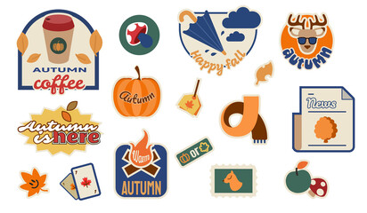 Fall autumn set of illustrations and sticker pack  with thematic captions 