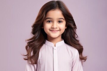Fototapeta premium Portrait of a smiling little girl in a pink shirt on a purple background