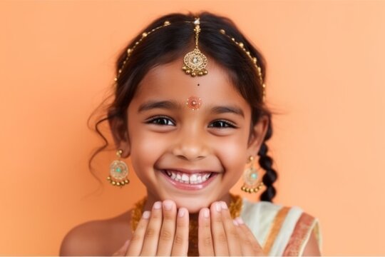 Medium shot portrait of an Indian child female against a pastel or soft colors background wearing bindi and traditional jewelry