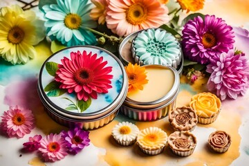 Obraz na płótnie Canvas Handmade tartlet tin soaps on a watercolor background with flowers