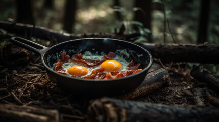 Camping breakfast with bacon and eggs in a cast iron skillet. Fried eggs with bacon in a pan in the forest. Food at the camp. Scrambled eggs with bacon on fire.