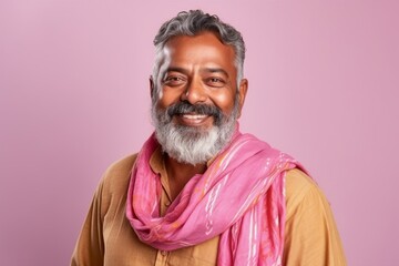 Obraz premium Portrait of a smiling Indian man with beard and mustache wearing pink scarf.