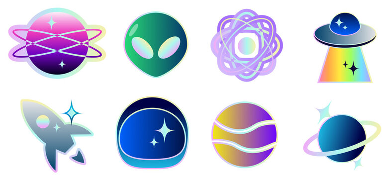 Holographic stickers in the style of UFOs, aliens, space, stars with gradient
