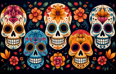 illustration of different multicoloured sugar skulls with a black background