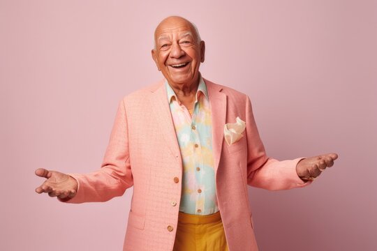 Portrait of happy senior man in a pink suit and yellow pants.