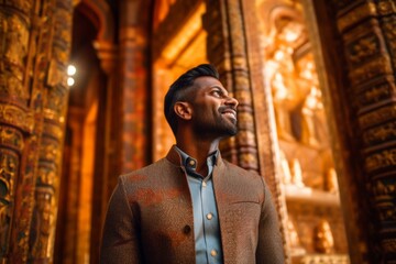 Obraz premium Portrait of a handsome Indian man in a brown coat standing in front of a church