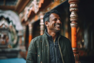Fototapeta na wymiar Smiling indian man in front of a door in a temple