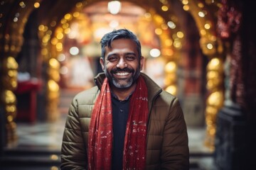 Obraz premium Portrait of a happy Indian man with red scarf in the city
