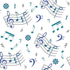 Musical seamless pattern with notes in blue, violet  tones. Vector illustration on a white background. Suitable for textile, page backgrounds, posters, gift paper.