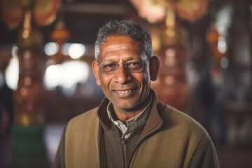Fototapeta premium Portrait of a smiling Indian man at the entrance to the temple