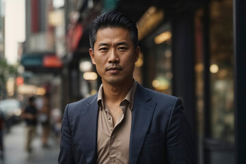 Obraz premium Asian Entrepreneur businessman standing on the sidewalk in the city