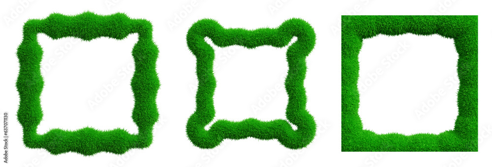 Poster set of grass frames design in 3d rendering isolated on transparent background in green color. geomet
