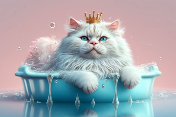illustration of white fluffy queen cat laying in the bath. grooming animal concept