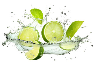 Fresh bitter lime citrus with splashes of water isolated on white background