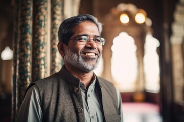 Portrait of a smiling Indian man wearing eyeglasses in a mosque