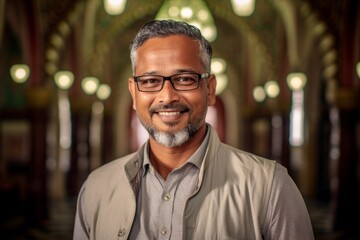 Fototapeta premium Portrait of a handsome Indian man with eyeglasses in mosque