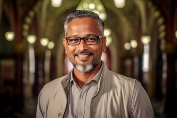 Portrait of a handsome Indian man with eyeglasses in mosque