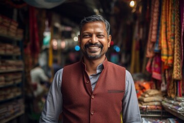 Fototapeta premium Portrait of a smiling Indian man at the market in India.