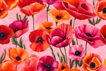 Red, Orange and Pink Poppy Flowers Laying on Pink Watercolor Fabric