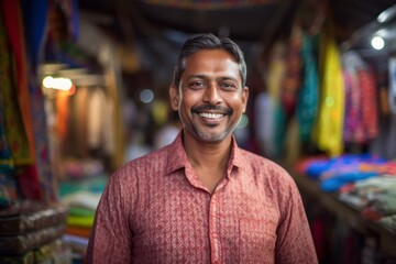 Lifestyle portrait of an Indian man in his 40s in his 40s wearing a foulard in an indian market or bazaar - obrazy, fototapety, plakaty