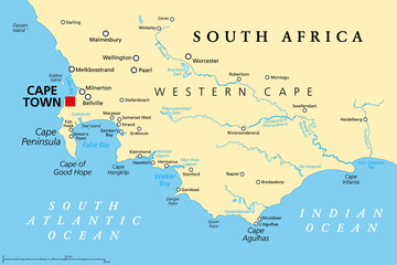 Cape of Good Hope, a region in South Africa, political map. From Cape Town and Cape Peninsula, a rocky headland on the South Atlantic coast, to Cape Agulhas, the southern tip of the continent Africa.