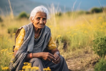 Naklejka na ściany i meble Portrait of an old Indian woman sitting in a field of yellow flowers