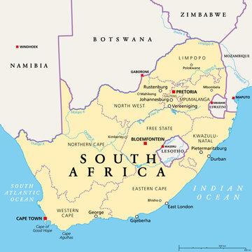 South Africa, political map with provinces, largest cities, international and administrative borders. Republic and southernmost country in Africa, with capitals Pretoria, Cape Town and Bloemfontein.