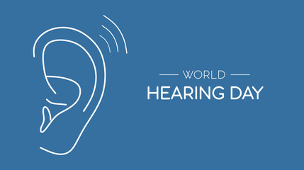 World Hearing Day. Hand drawn Ear on blue background with place for text for banner, card, poster. International Ear Care Day. Ear health care. Vector illustration